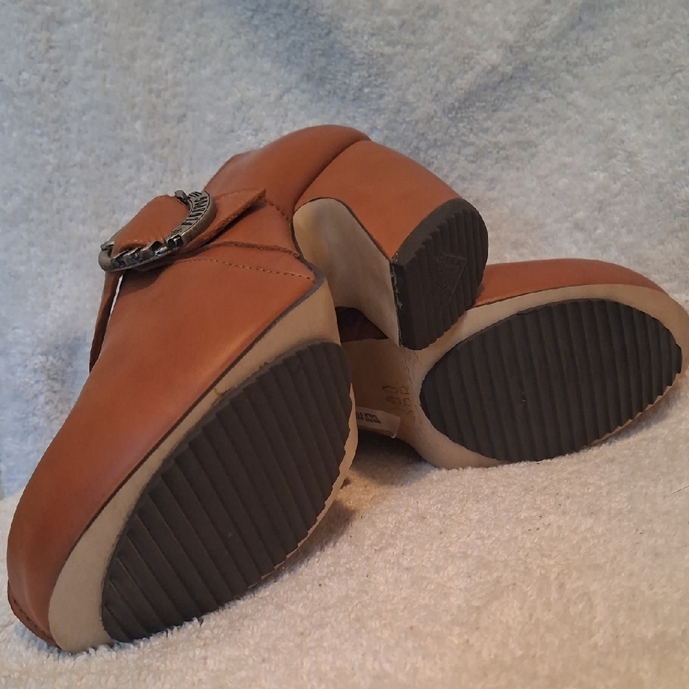 Leather Buckle Clog Heels in Cognac Brown - Picture 9 of 12